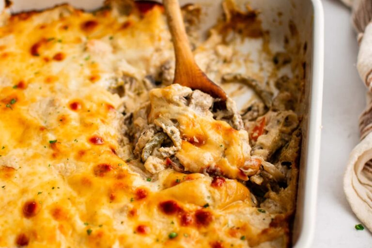 A dish of Philly Cheesesteak Casserole.