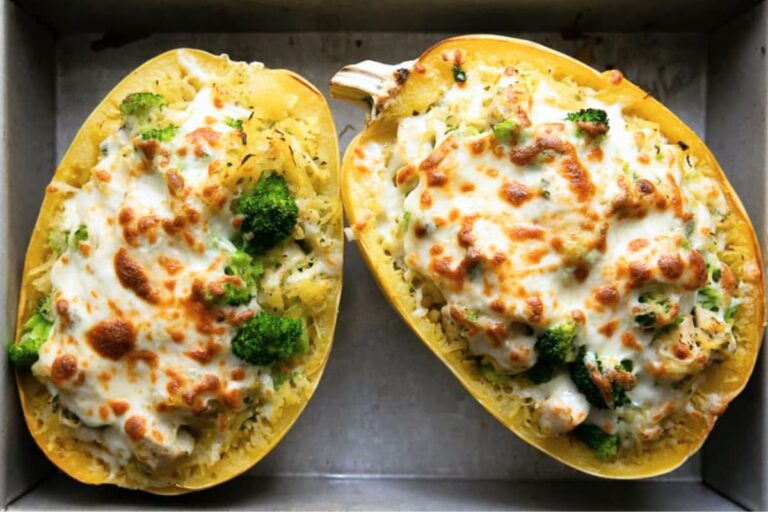 A dish of Chicken and Broccoli Stuffed Spaghetti Squash.