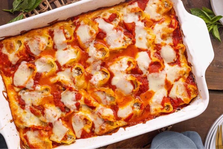 A dish of Ricotta Beef Stuffed Pasta Shells.