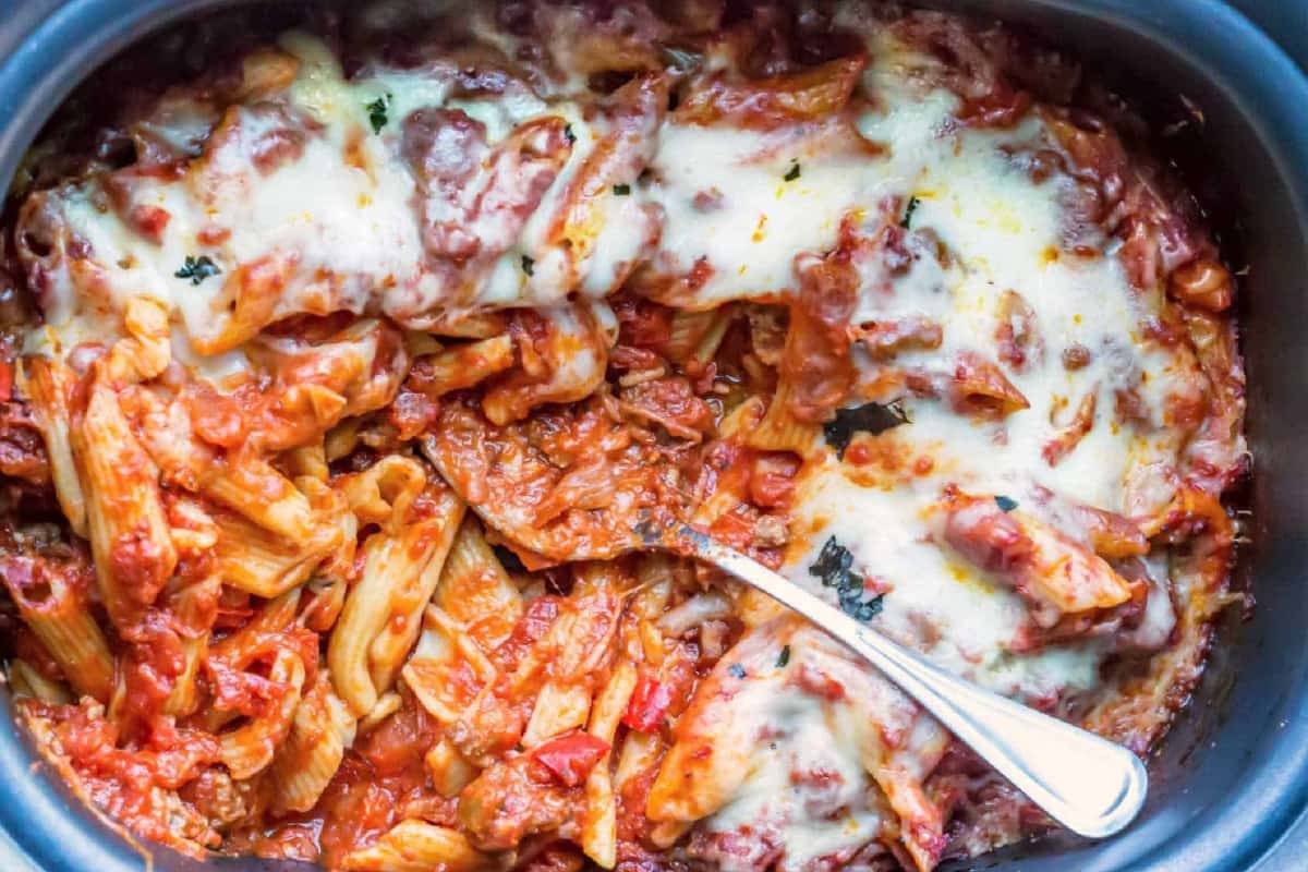 Overhead image of Slow Cooker Baked Ziti.