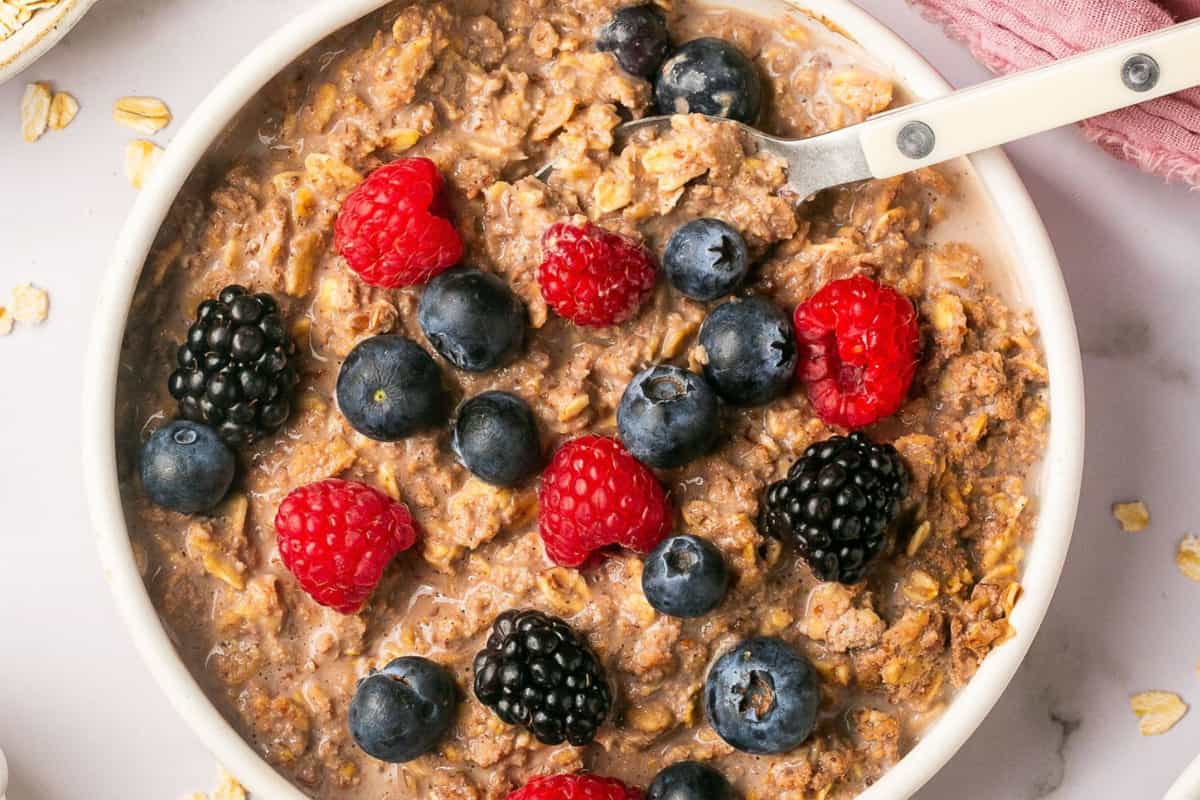 A bowl of Chocolate Protein Oatmeal.