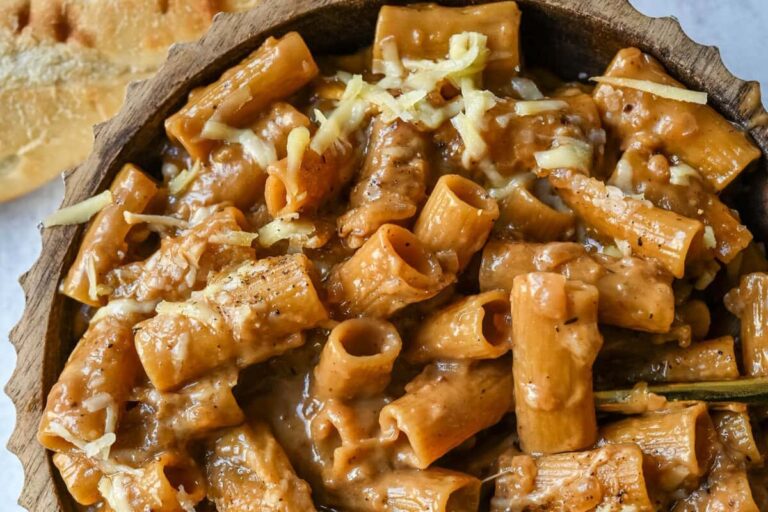 A bowl of One Pot French Onion Pasta.