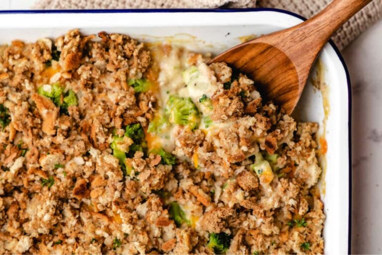 A dish of Chicken Broccoli Stuffing Casserole.