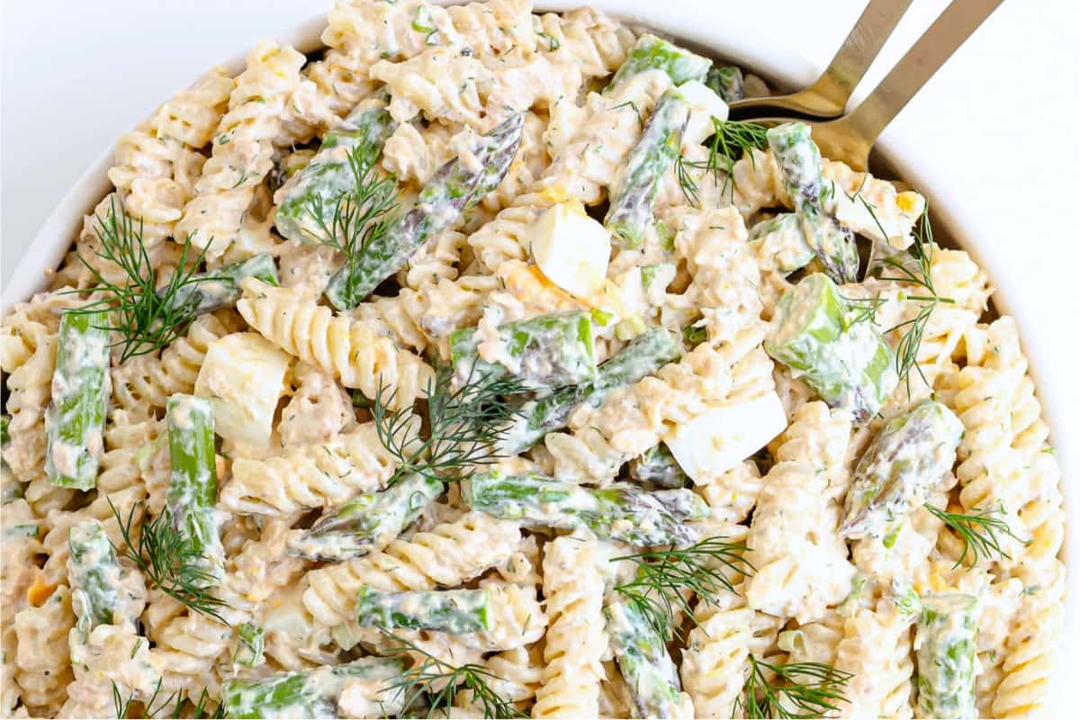 A bowl of Salmon Asparagus Pasta Salad.