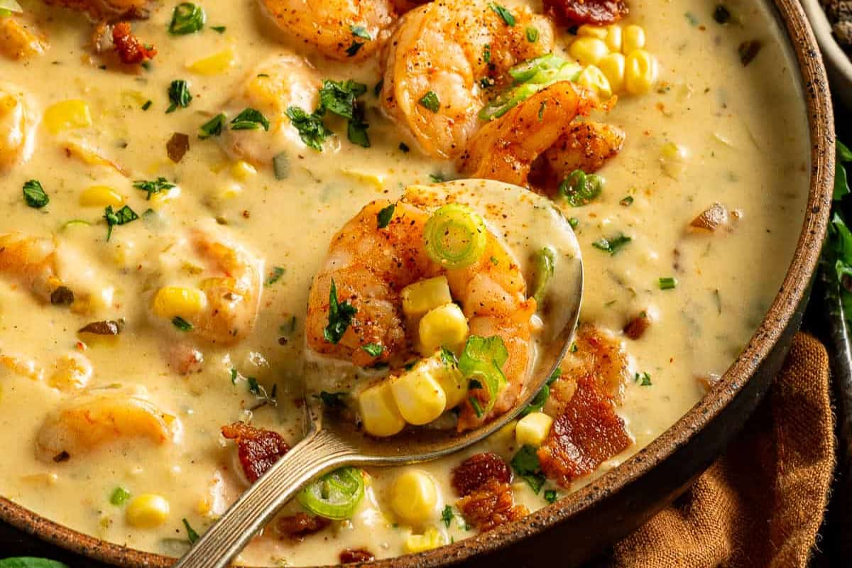 A bowl of New Orleans Shrimp and Corn Bisque.