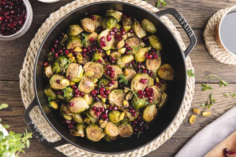 A dish of Roasted Brussels Sprouts with Balsamic Glaze.