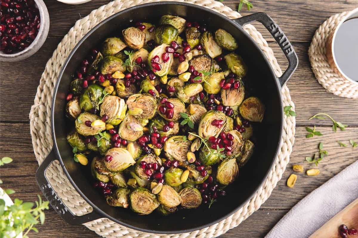 A dish of Roasted Brussels Sprouts with Balsamic Glaze.