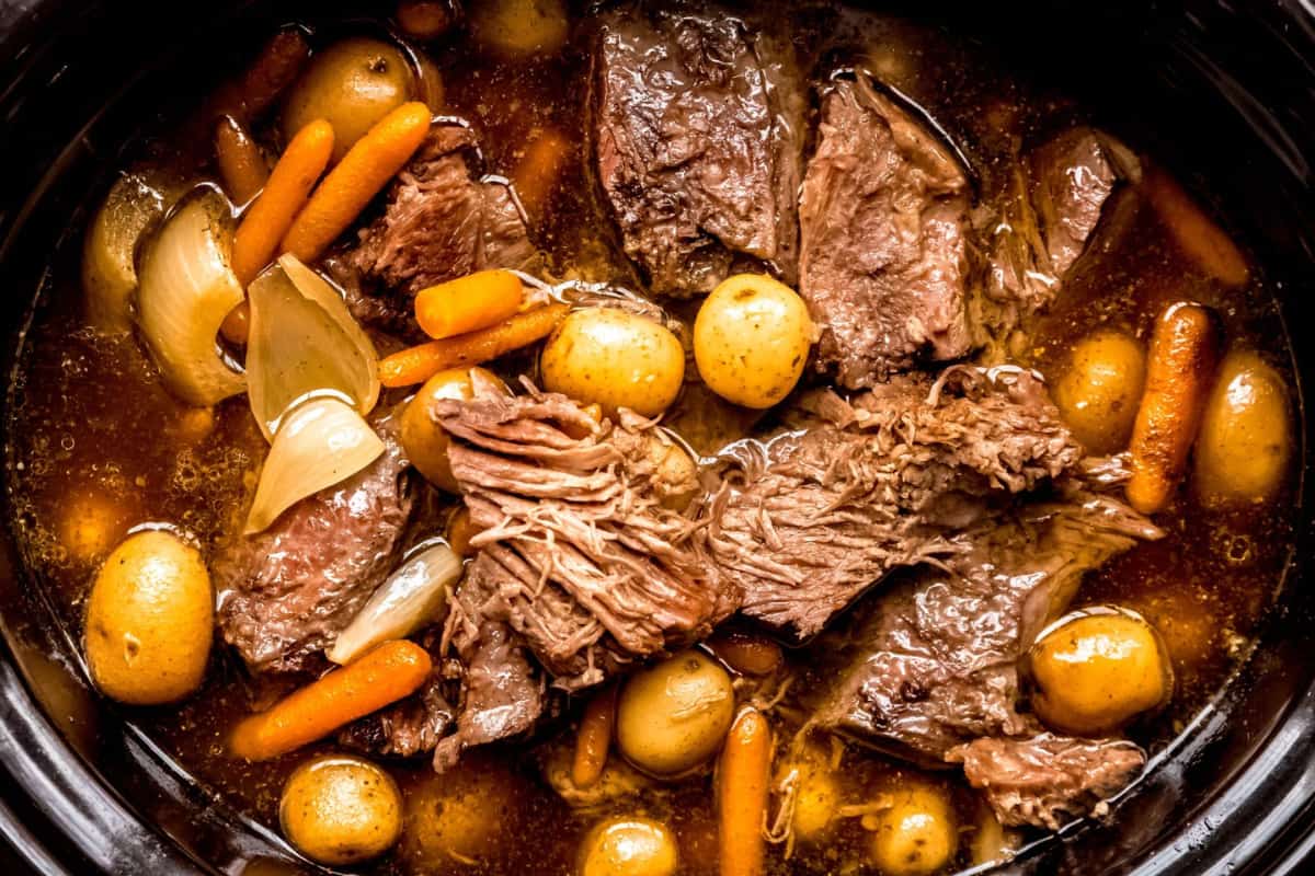 A pot of Tender Slow Cooker Rump Roast.