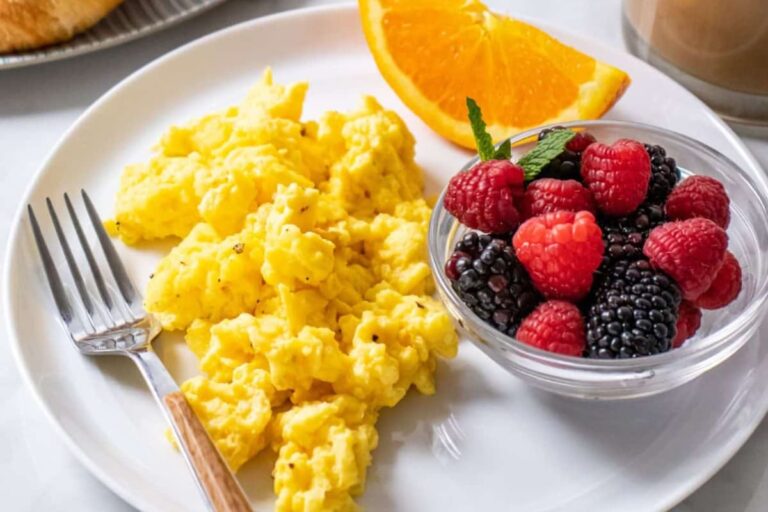A plate of Greek Yogurt Scrambled Eggs.