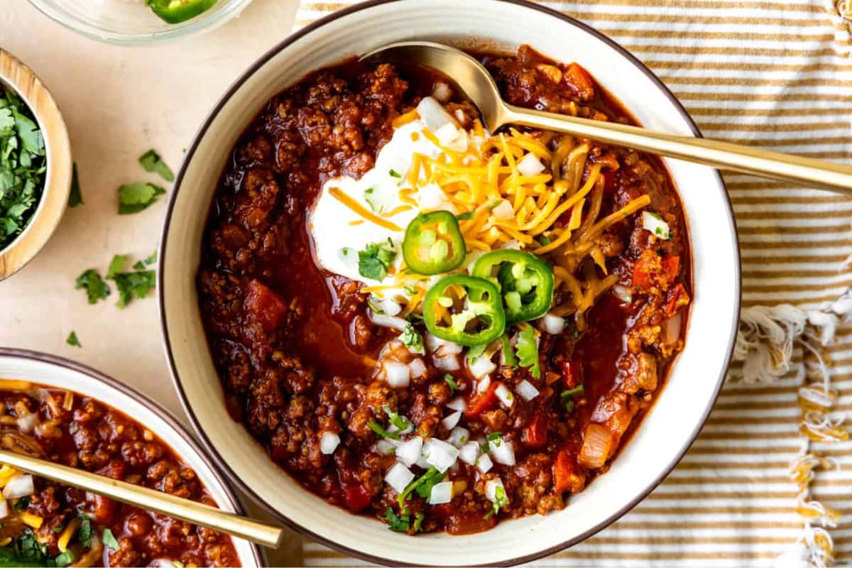 A bowl of Ground Beef Chili Without Beans.
