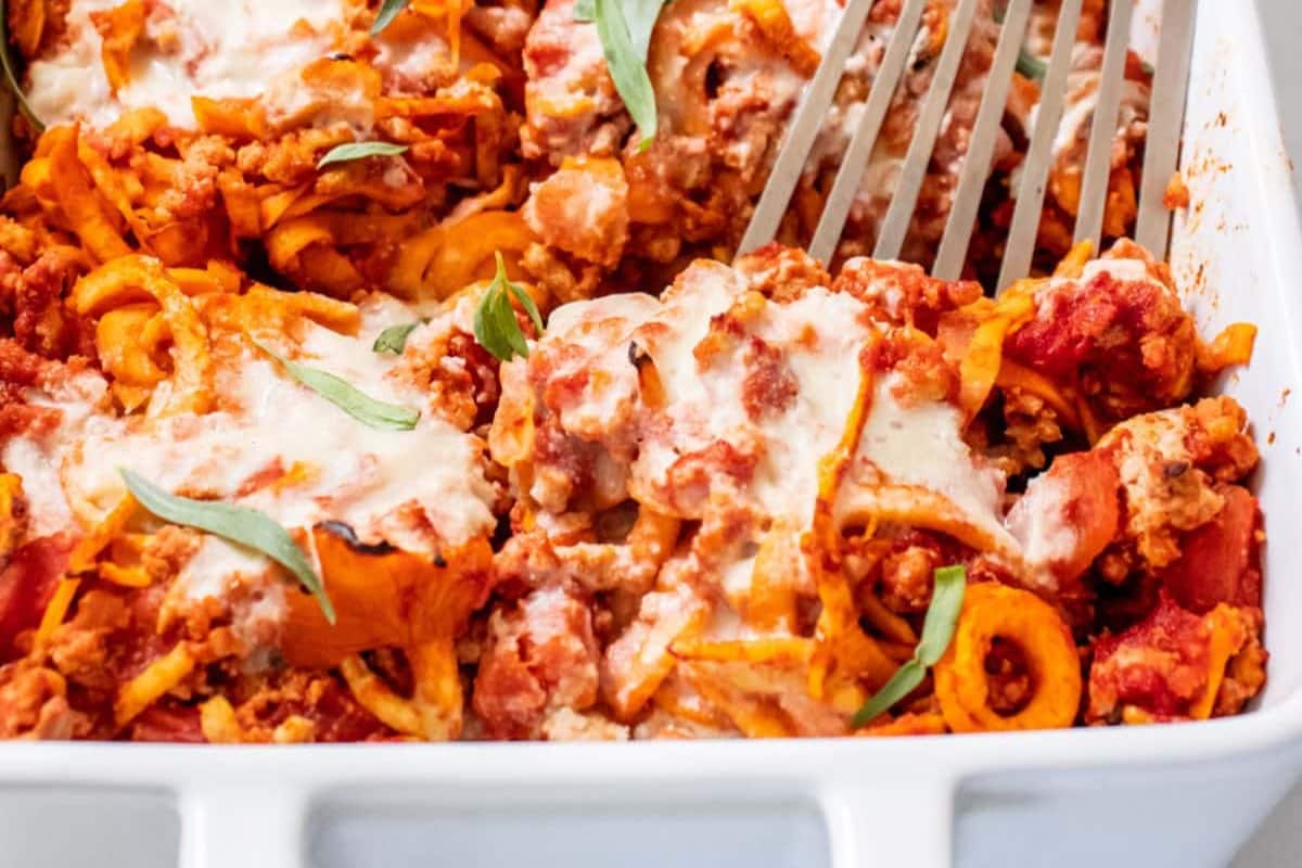 A dish of Ground Turkey Casserole with Sweet Potatoes.