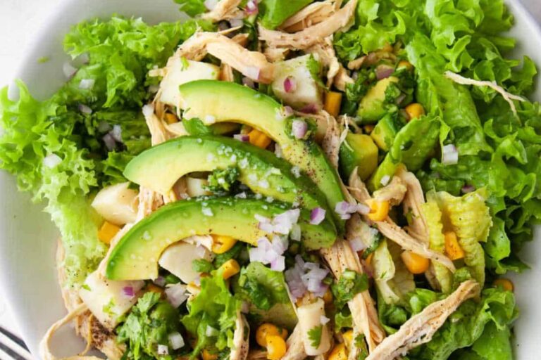A bowl of Avocado Greek Yogurt Chicken Salad.