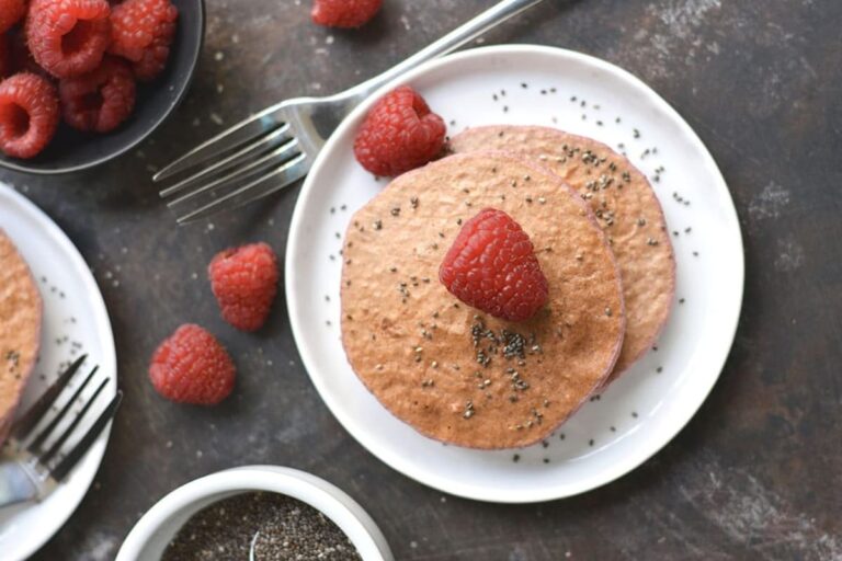 A plate of Raspberry Chia Protein Pancakes.