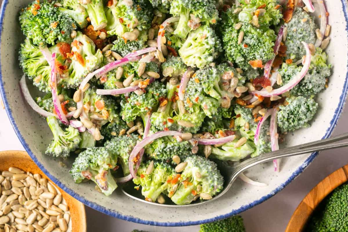 A bowl of Broccoli Crunch Salad with Greek Yogurt.