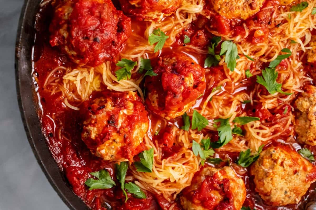A plate of Turkey Meatballs with Spaghetti Squash.