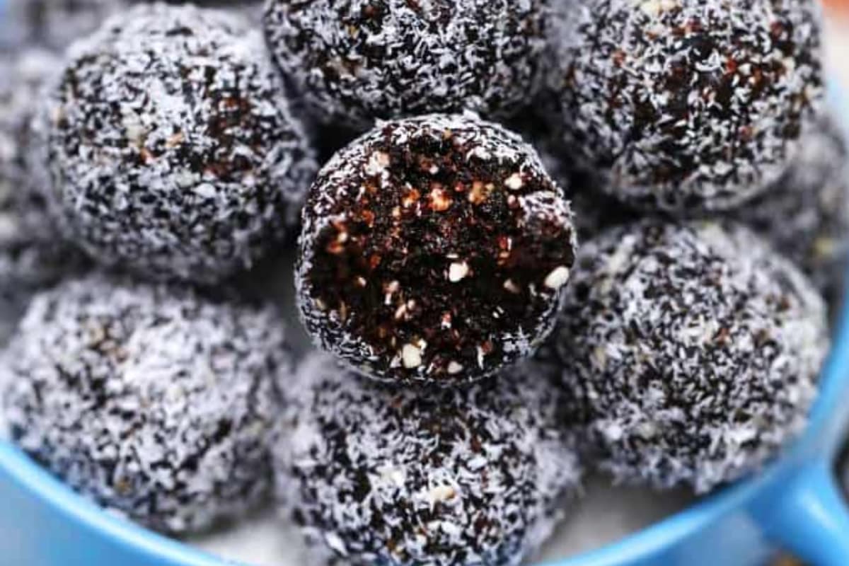 A dish of Chocolate Coconut Protein Balls.