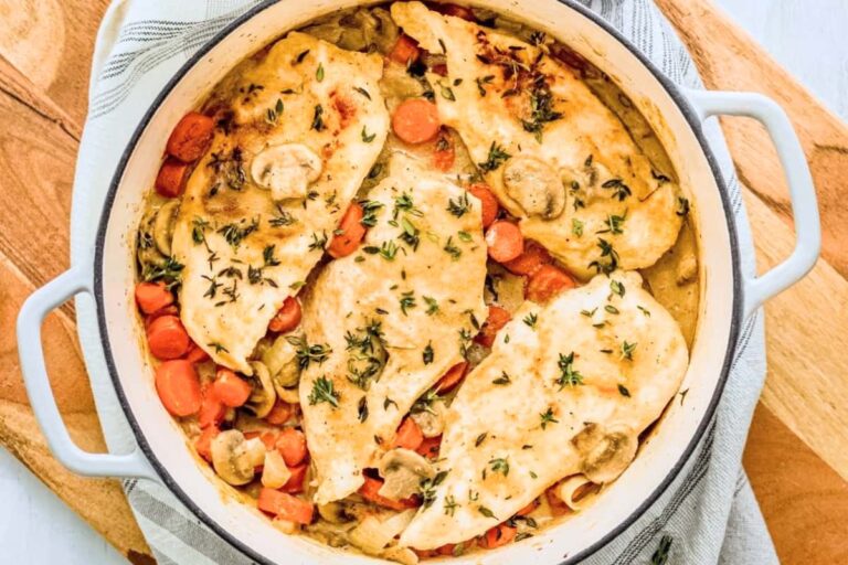 A dish of Dutch Oven Chicken Breast and Vegetables.