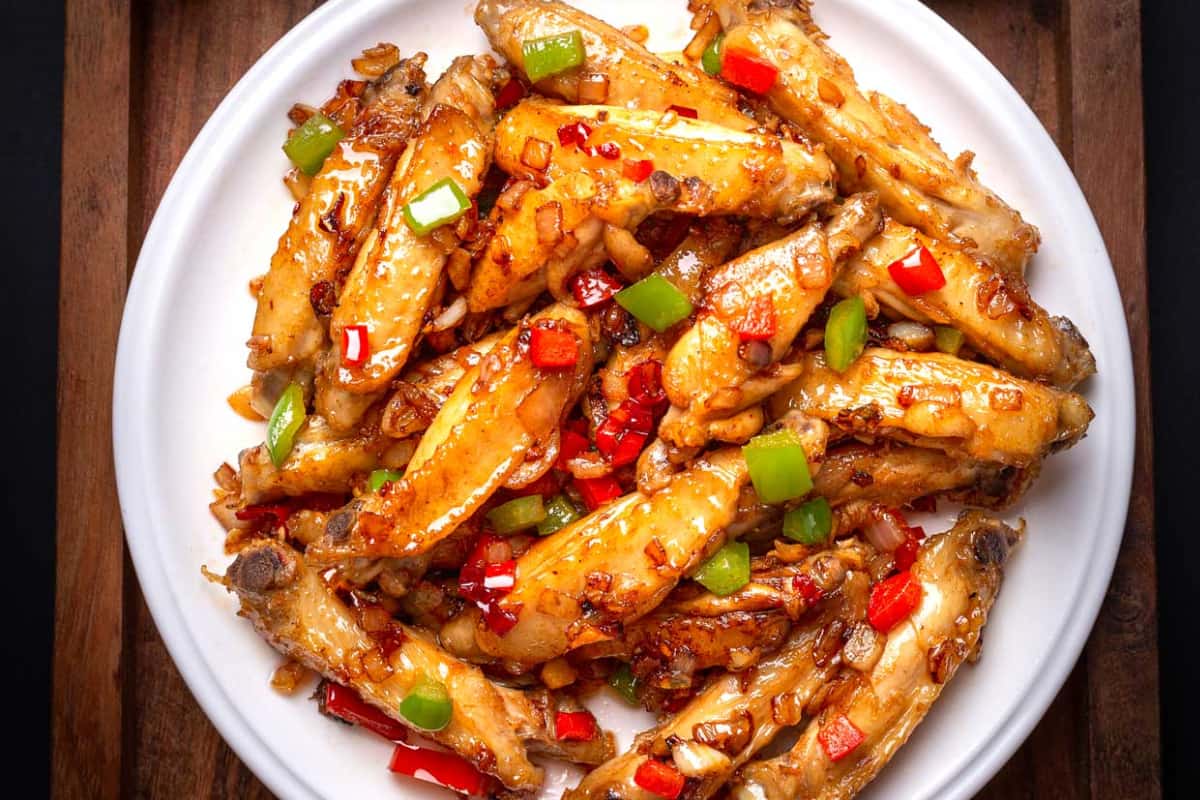 A plate of Pan Fried Chinese Chicken Wings.