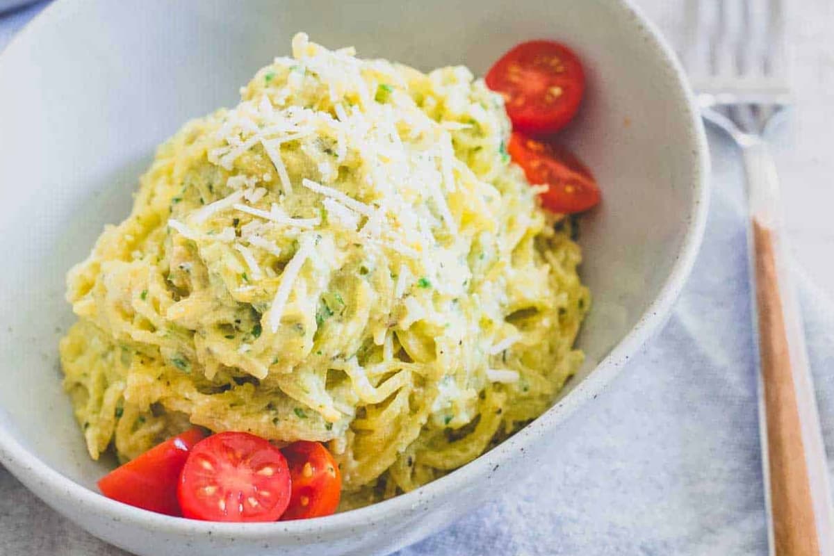 A bowl of Creamy Pesto Spaghetti Squash Noodles.
