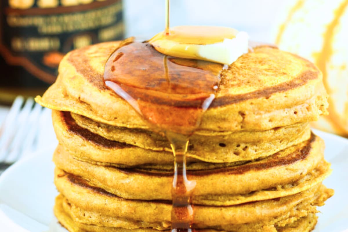 A plate of Pumpkin Spice Protein Pancakes.