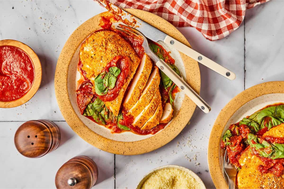 A plate of Sheet Pan Chicken Parmesan.