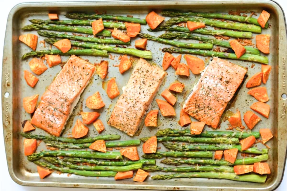 Overhead image of a Sheet Pan Baked Salmon Asparagus and Sweet Potato.