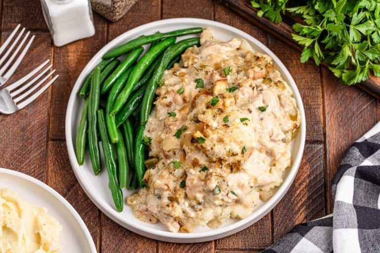 A plate of Slow Cooker Chicken and Stuffing.