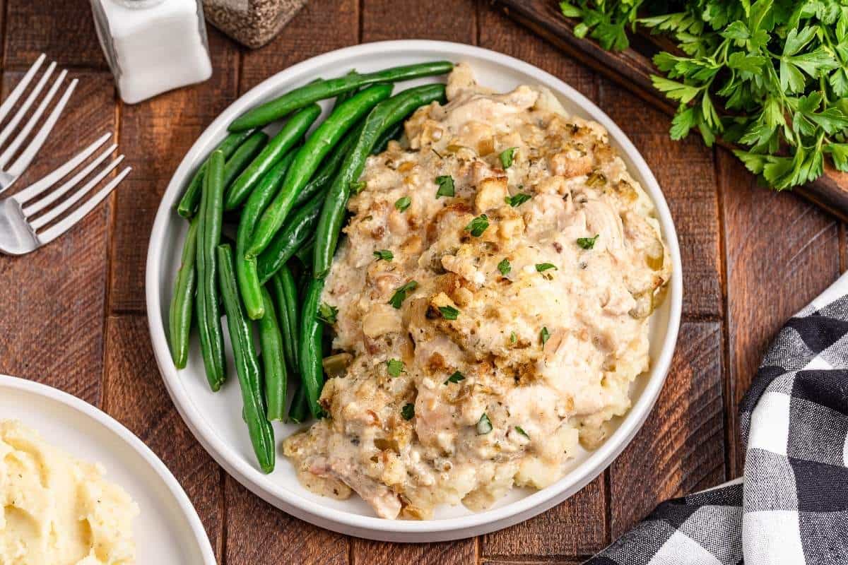 A plate of Slow Cooker Chicken and Stuffing.