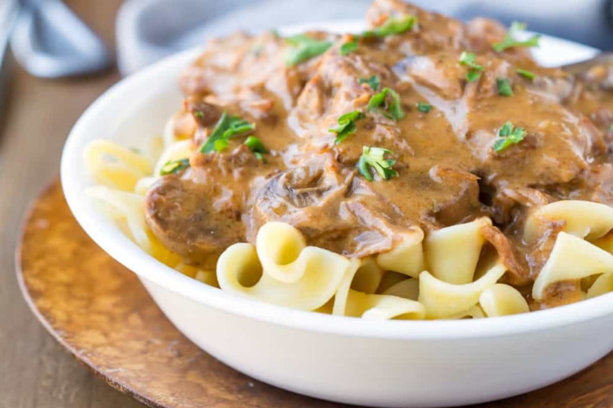 A bowl of Slow Cooker Beef Stroganoff.