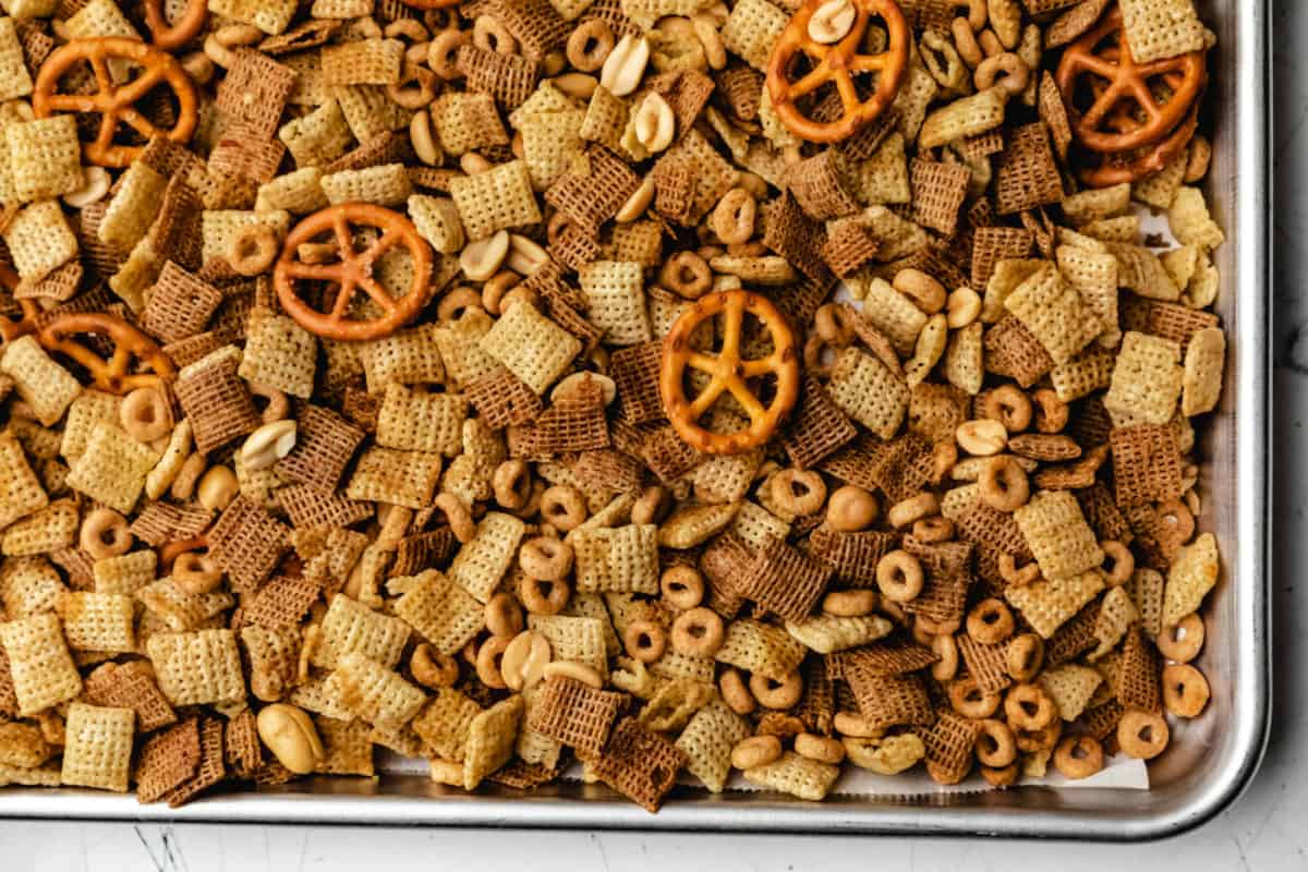 A plate of Slow Cooker Chex Mix.