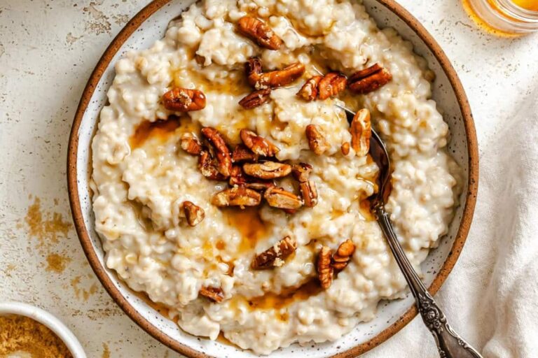 A bowl of Overnight Slow Cooker Pecan Pie Oatmeal.