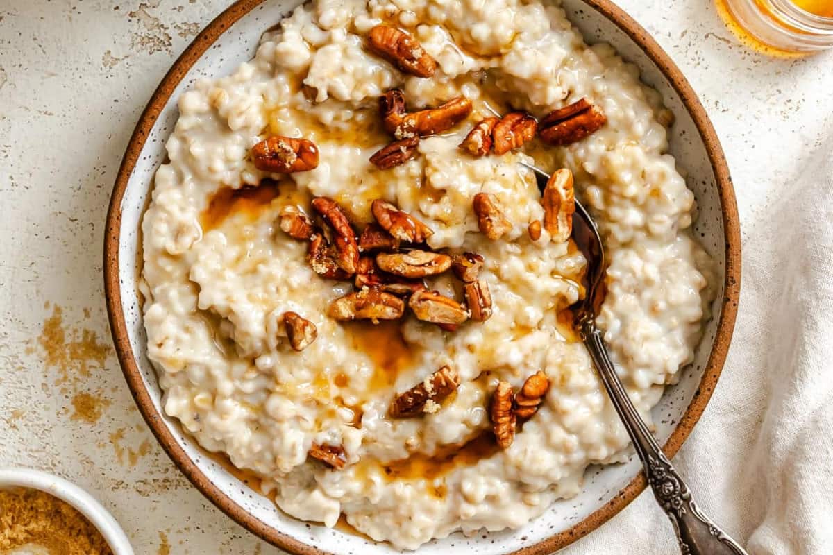 A bowl of Overnight Slow Cooker Pecan Pie Oatmeal.