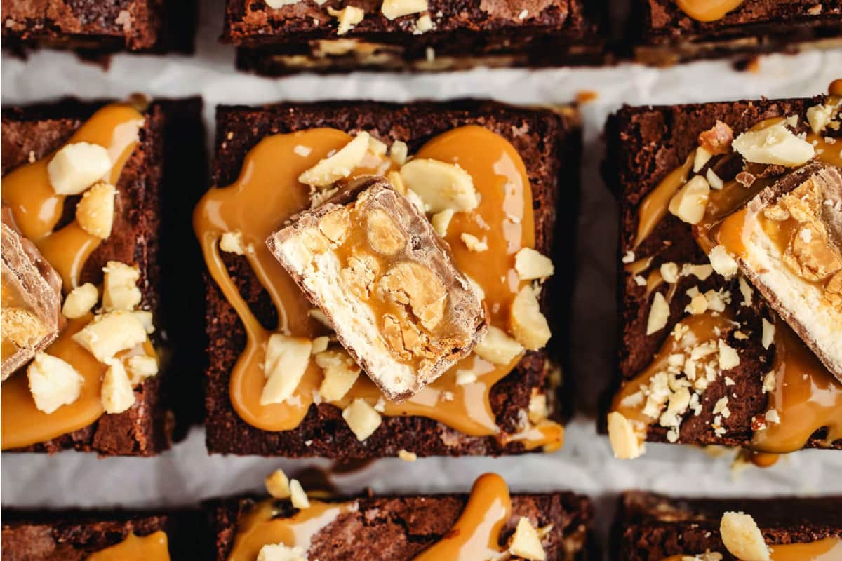 A plate of Snickers Brownie Recipe.