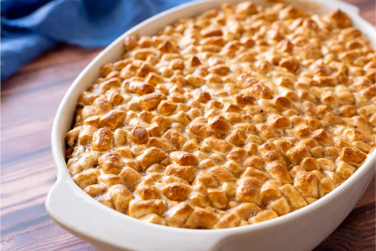 A dish of Old Fashioned Sweet Potato Casserole.