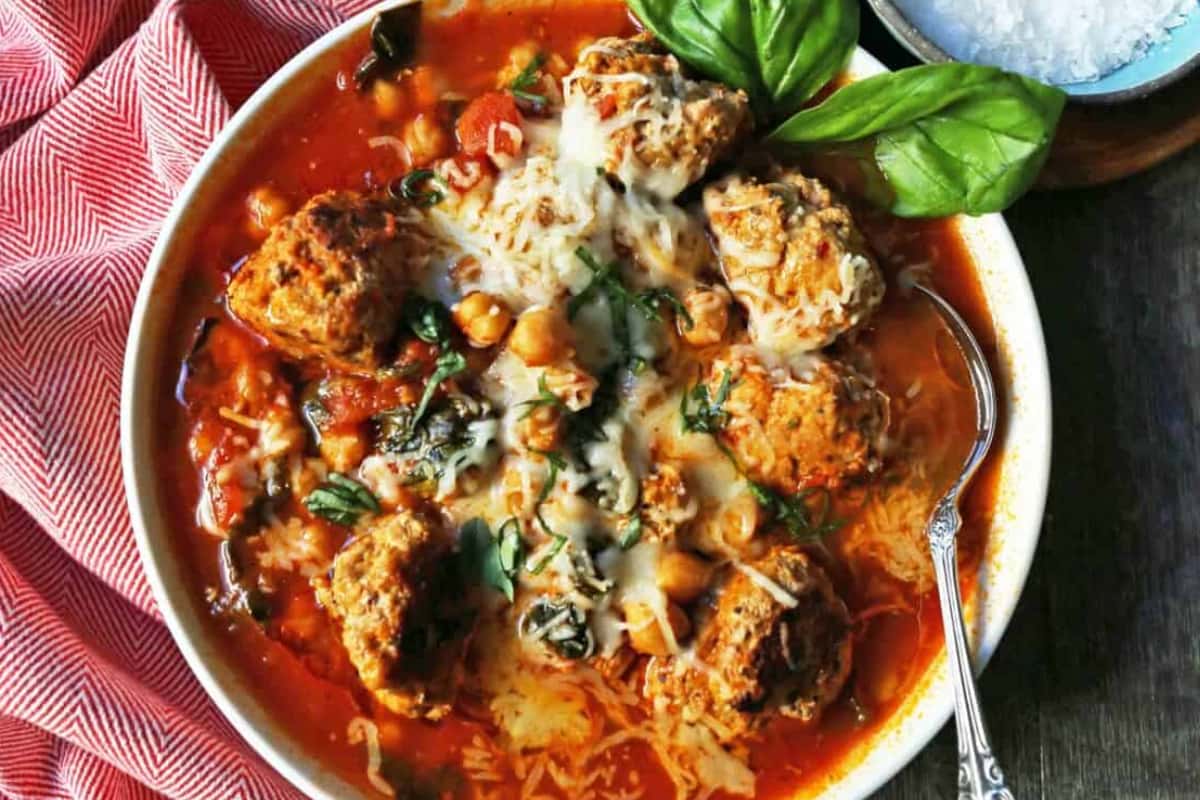 A bowl of Healthy Turkey Meatball Soup.