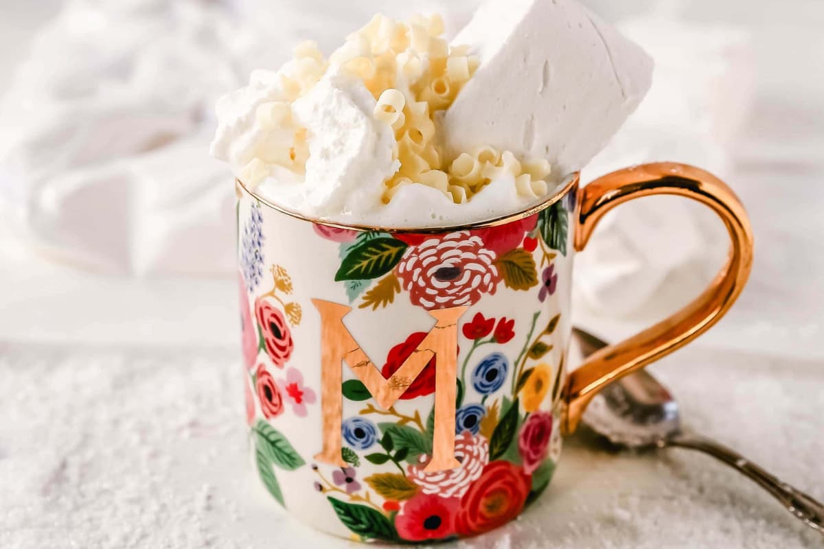 A mug of Homemade White Hot Chocolate.