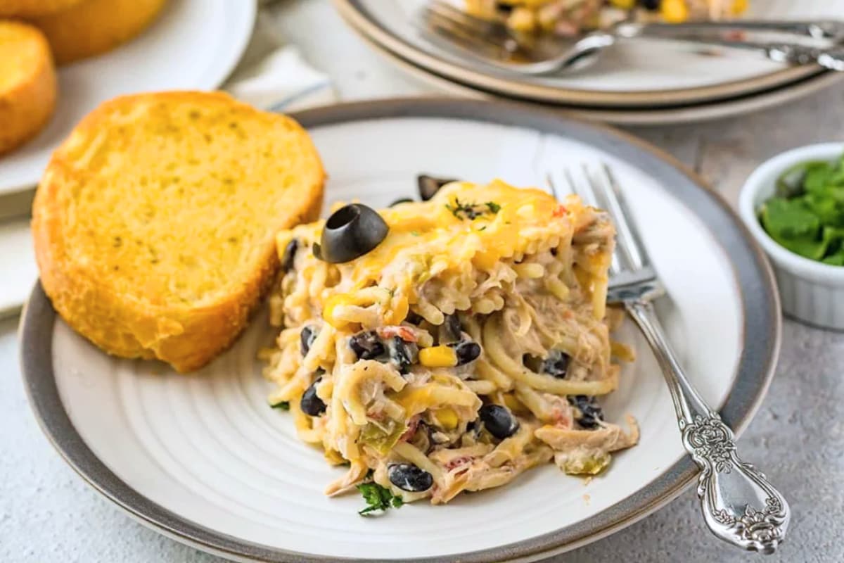 A plate of Mexican Chicken Pasta Casserole.