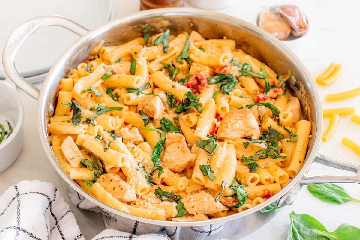 A dish of Creamy Tuscan Chicken Pasta.