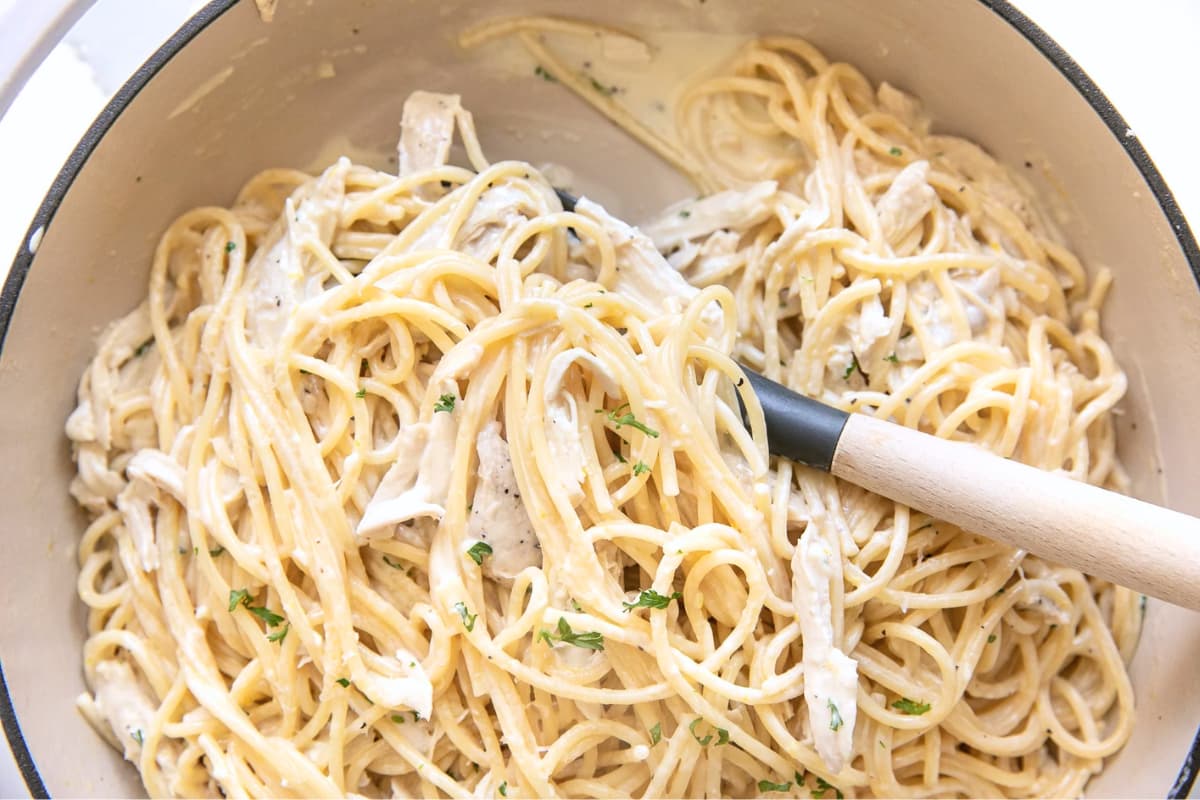 A bowl of Creamy Lemon Chicken Pasta.