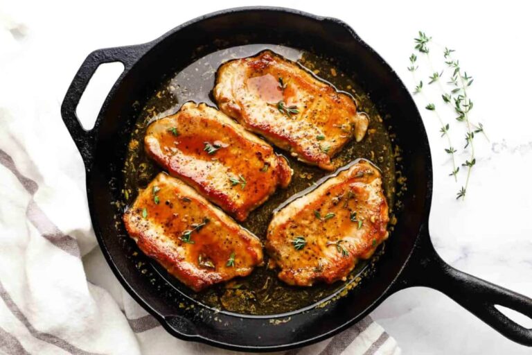 A dish of Maple Glazed Skillet Pork Chops.