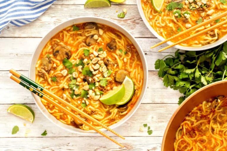 A bowl of 30 Minute Beef Coconut Curry Soup.