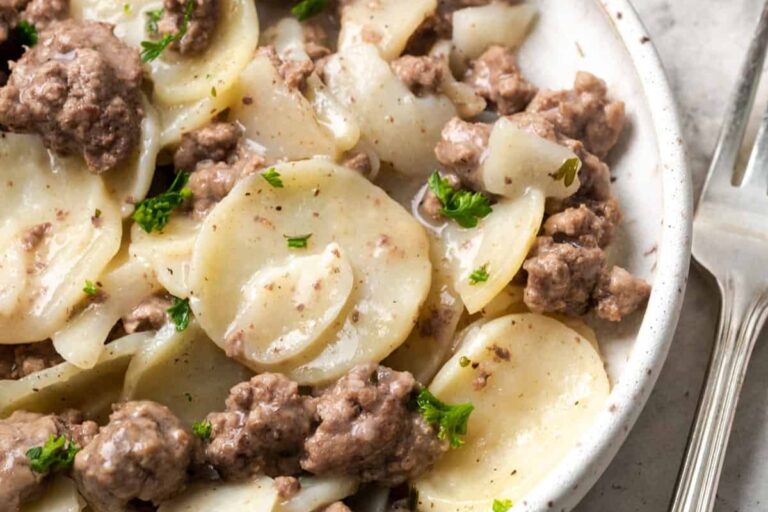 A plate of Copycat Hamburger Helper Potato Stroganoff.
