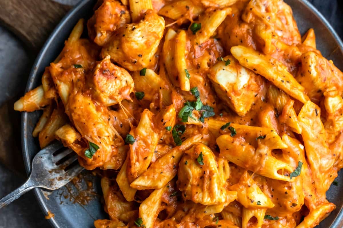 A plate of Instant Pot Chicken Parmesan Pasta.