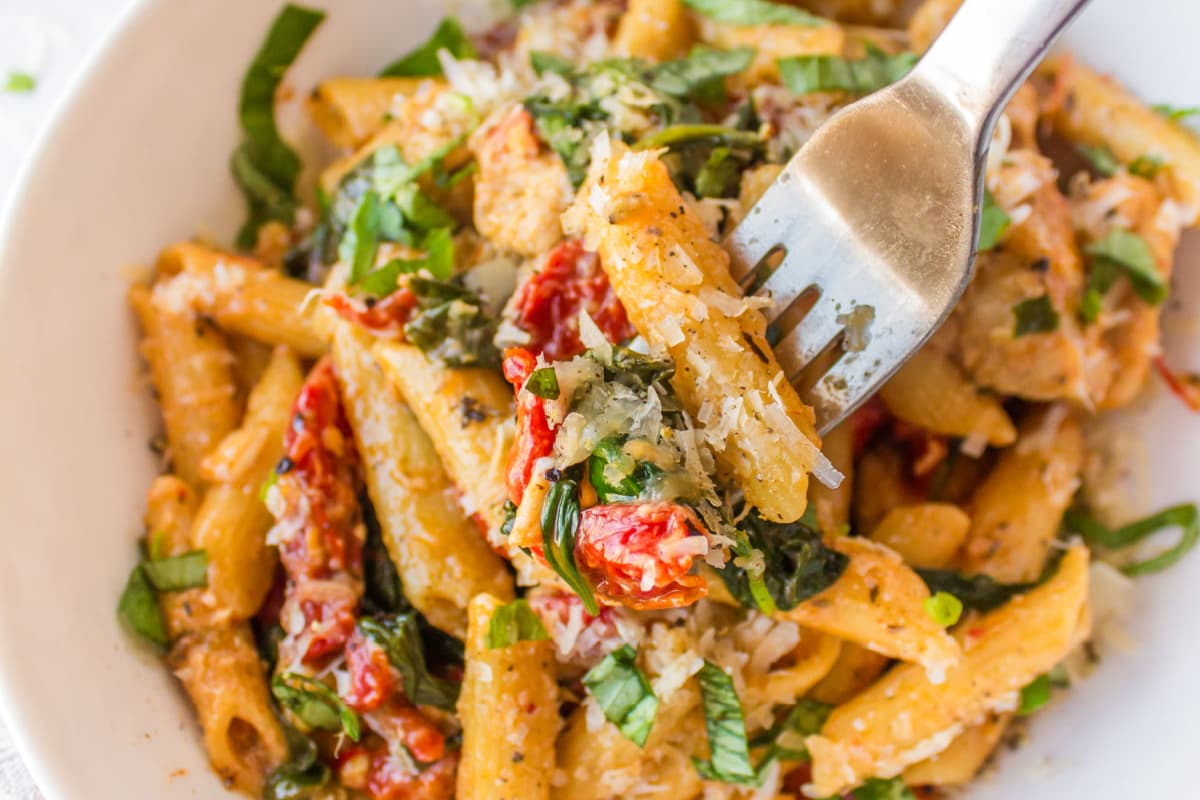 A bowl of Instant Pot Marry Me Chicken Pasta.