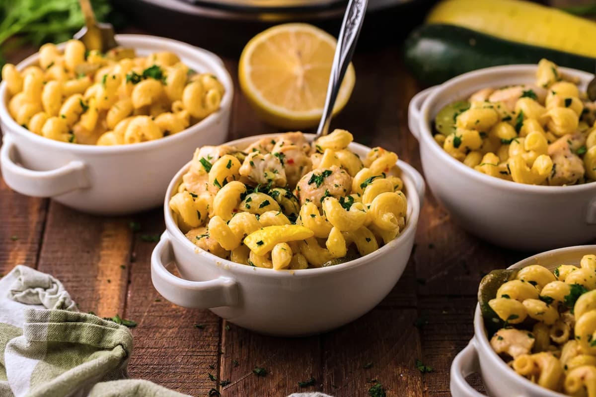 A bowl of Instant Pot Lemon Chicken Pasta.