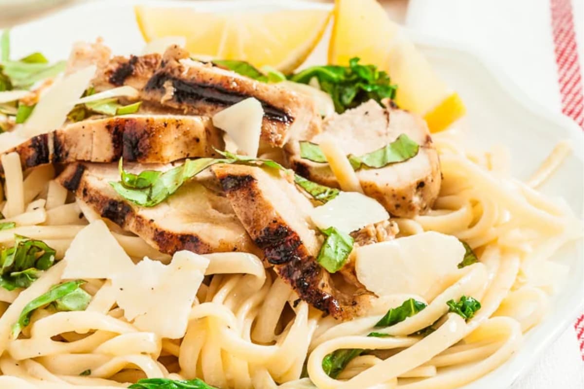 A plate of 30-Minute Lemon Basil Chicken Linguine.