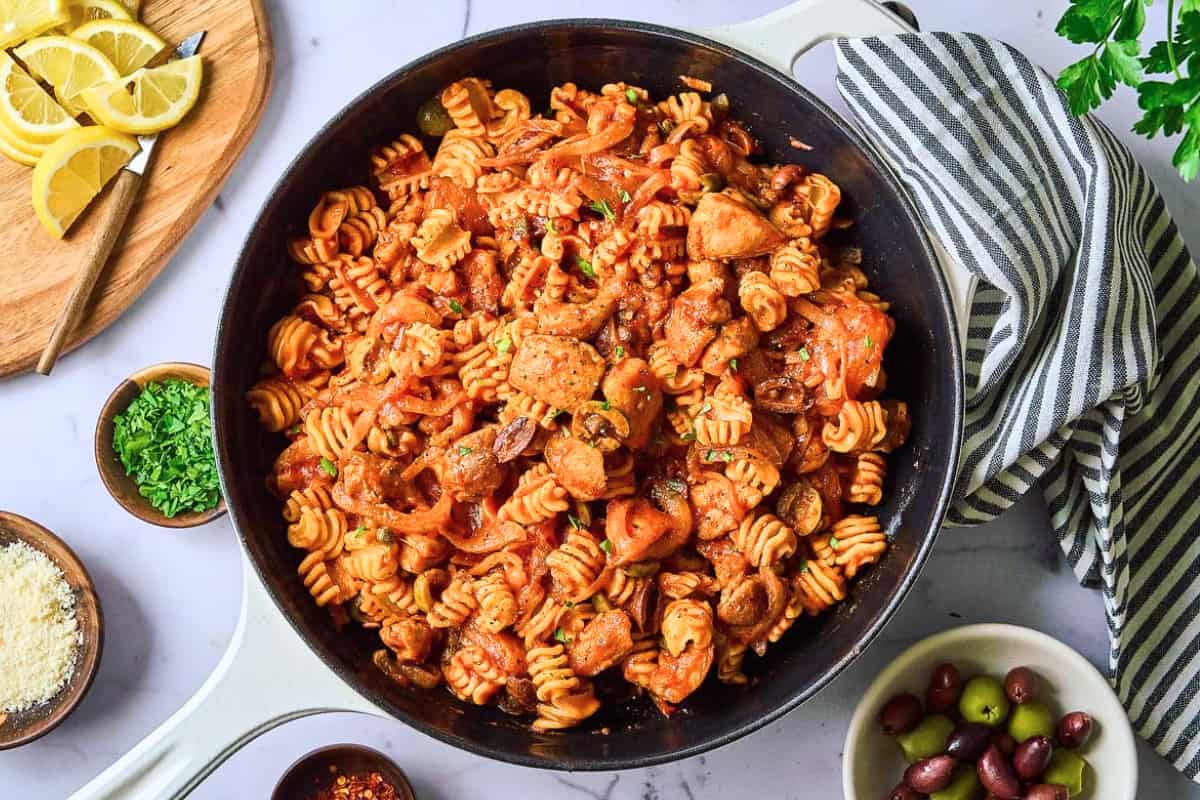 A dish of Mediterranean Chicken Pasta.
