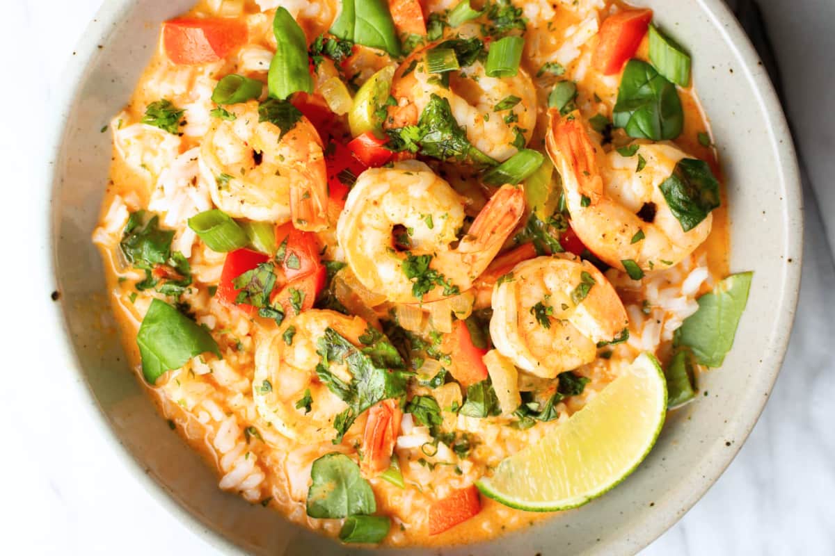 A dish of Easy Thai Shrimp Curry.