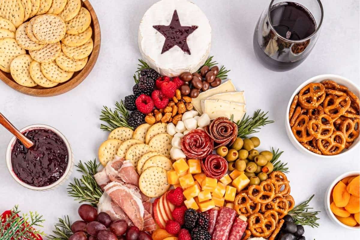 A platter of Christmas Tree Charcuterie Board,