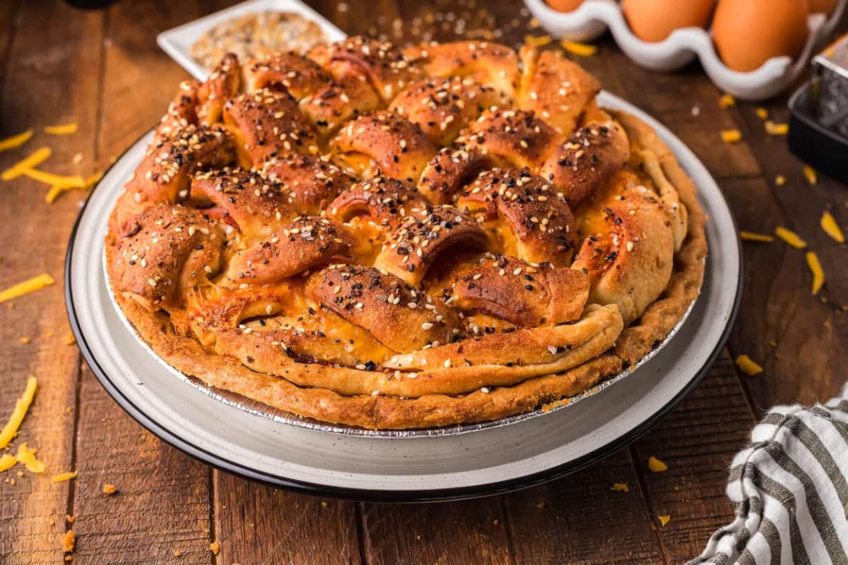 A dish of Air Fryer Lattice-Top Ham and Cheese Bake.
